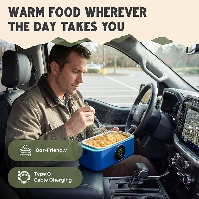 Oaktiv Lunch Box Warmer, Electric Heated Lunch Box for Adults, 4-Cup Cordless Portable Food Warmer with Scheduled Timer, Rechargeable with Insulated Bag