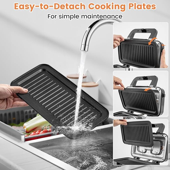 COSTWAY 1200W Waffle Maker with Removable Non-Stick Plates, Panini Grill Press with 5-Gear Temperature Control, 3-in-1 Sandwich Maker for Breakfast