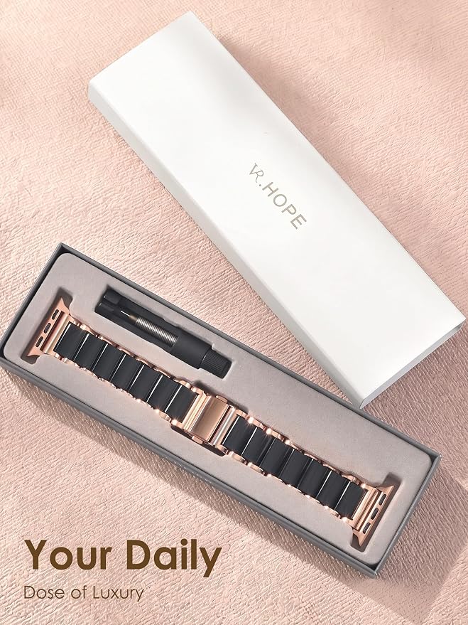 V.R.HOPE Apple Watch Band for Women 38mm 40mm 41mm 42mm Fashion Rose Gold Stainless Steel Metal Strap with Resin Inlay, Fashion Bracelet Compatible with iWatch Series 11/10/9/8/7/6/5/4/3/2/1/SE (Black+Rose Gold)