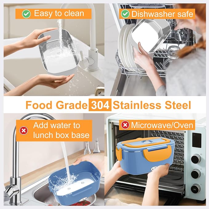 HOLDRUBY Heated Lunch Boxes for Adults, 80W Electric Lunch Box Food Heated 12/24/110V 1.5L Heatable Lunch Box for Car/Truck Leak-Proof Removable Stainless Steel Container, Fork & Spoon, Bag
