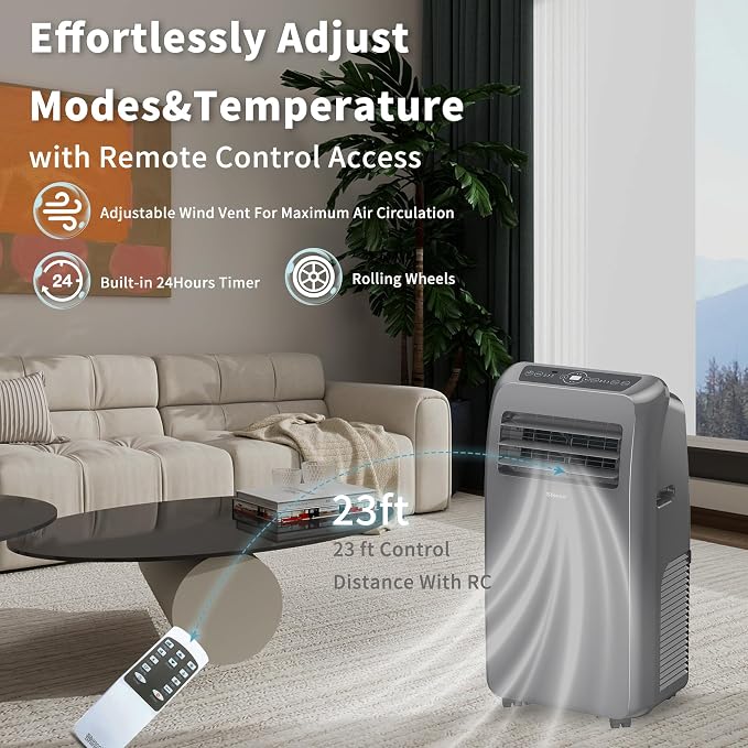 Shinco 10,000 BTU Grey Portable Air Conditioner - 3-in-1 Cool/Dehumidifier/Fan for Rooms Up to 400 sq.ft, Remote Control & 24H Timer, Compact AC Unit for Bedroom/Office