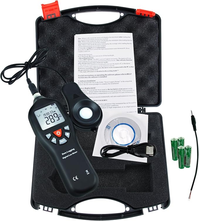 Gain Express Digital Light Meter Lux Meter Measurement Range Detachable Sensor 0 to 200,000 Lux Min/Max/Avg Functions (with Data Record Function) + CD Software w/USB Power Cable