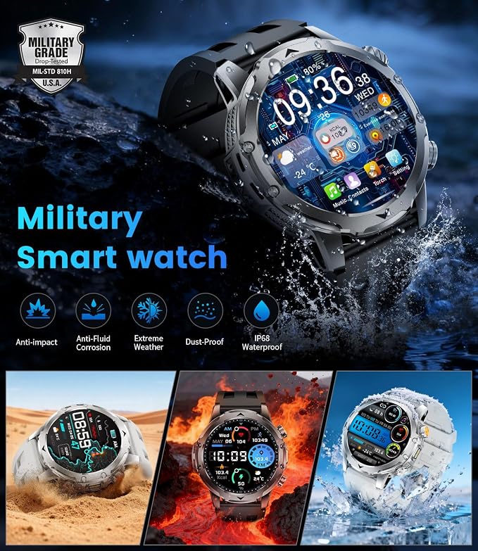 FITFLEX Military Smart Watch with Answer/Make Call （3 Silicone Strap）, 1.53“ HD Smart Watches for Men with 1000 mAh Battery/LED Torch/20+Sports/Waterproof IP68, Fitness Tracker iOS Android(Black)
