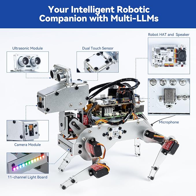 SunFounder PiDog AI Robot Dog Kit for Raspberry Pi 5/4/3B+/Zero 2W, Openclaw LLMs ChatGPT/Gemini/Grok, Voice&Video Recognition, Python, App, Gyroscope, Camera (RPI NOT Included)