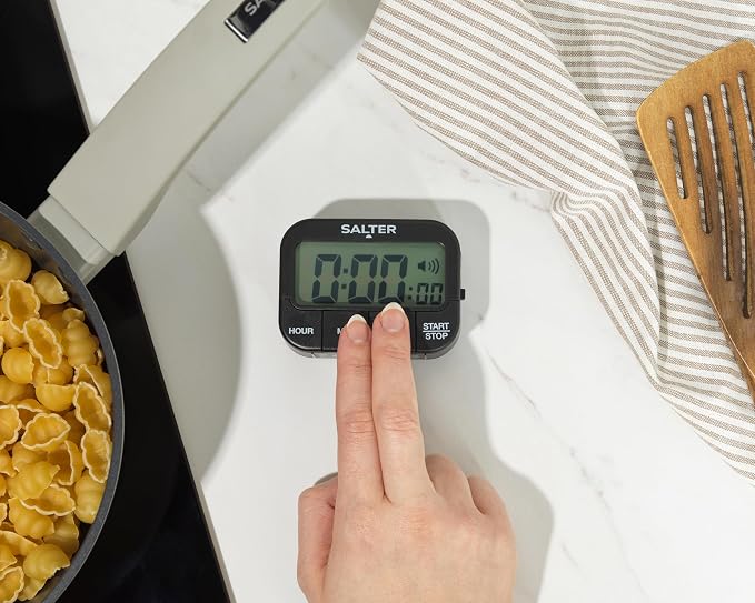 Salter Kitchen Digital Display Count up or Countdown Timer, Adjustable Loud Beeper, Large Start/Stop Button, Memory Function, Magnetic or Self Standing-Black, Plastic