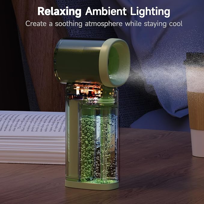 Handheld Misting Fan, Portable Personal Turbo Fan with Nano Mist Spray, 6 Wind Speed, 40ml Water Tank, LED Light, 3000mAh USB Rechargeable for Travel, Outdoors, Camping, Home and Office Use - Green