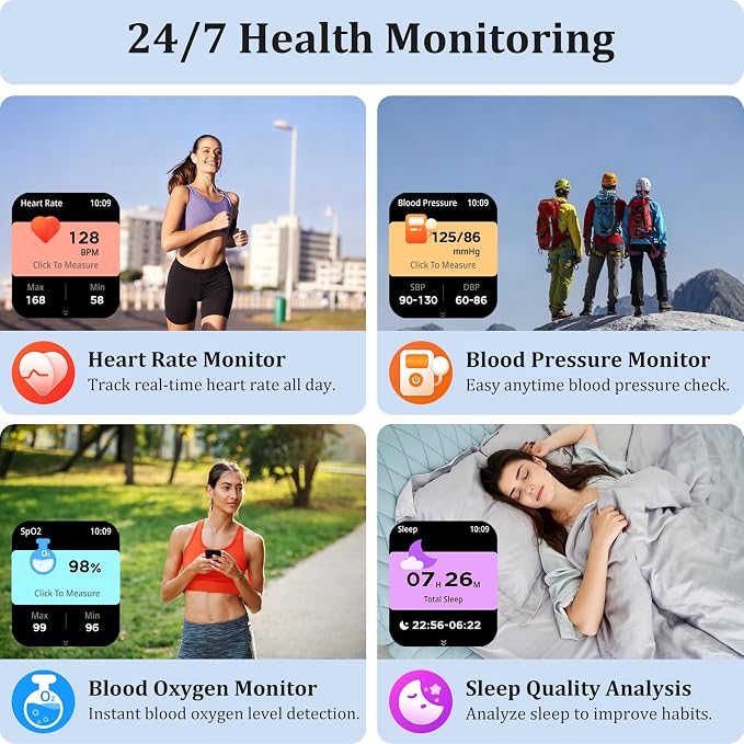 Smart Watch Women Men, 1.85’’ Reloj Inteligente para mujer hombre, Make/ Answer Call, Health Monitor/Blood Pressure, 110+ Sports Modes, Voice Control, IP68 Waterproof Compatible with Android & iPhone