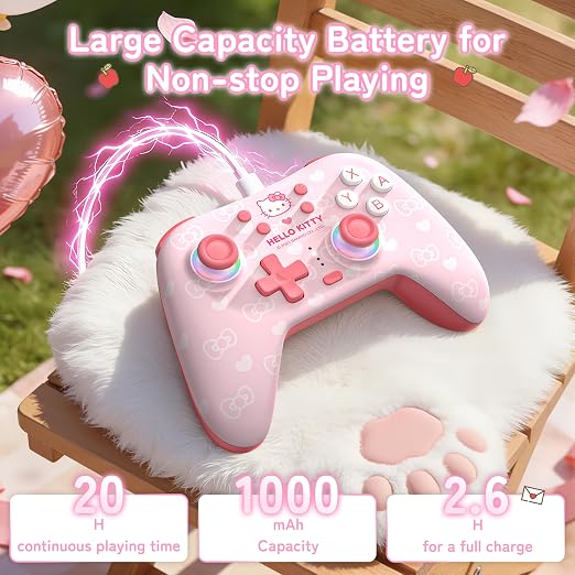 Kuitmor Hello Kitty Switch Pro Controller, Cute Hall Effect Wireless Gamepad No Drift for Switch 2/Switch/OLED/Lite, PC/Steam, Android, iOS, Bluetooth + Wired, Turbo, Back Buttons,6-Aixs Gyro, Wake-up, RGB (Pink, Without 2.4g Receiver)