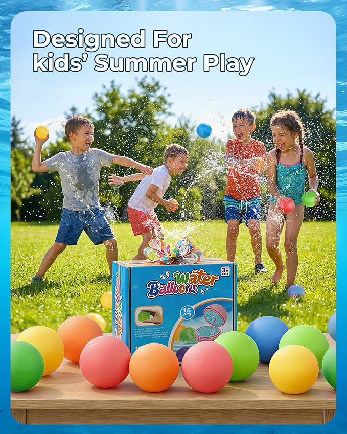 15Pcs Reusable Water Balloons for Kids & Family Outdoor Play – Quick Fill, Soft Silicone, Easy to Collect, No Magnets, Perfect for Yard, Pool Beach Games, Summer Water Toys