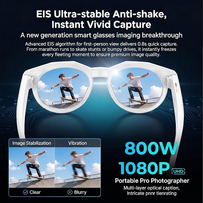 AI Smart Camera Glasses, 1080P HD POV Video Recording and Translator, Object Recognition, Bluetooth Audio for Music Calls, 290mAh Battery, Photochromic Lenses for Vlog, Travel and Work