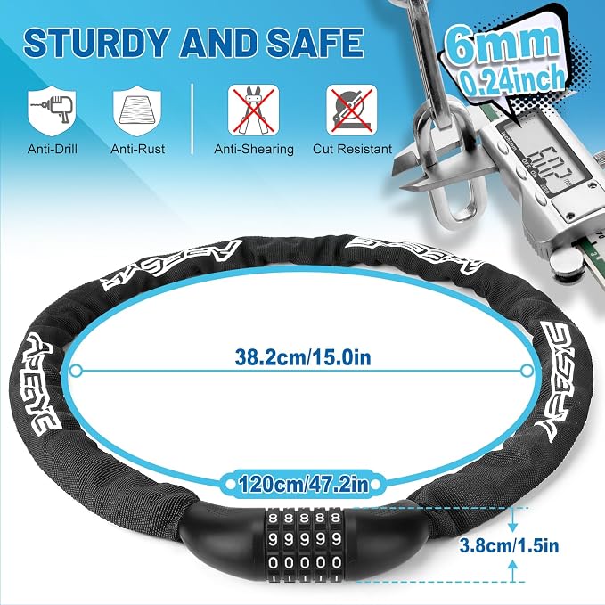 APECYC Bike Lock Heavy Duty Anti Theft, 3/4/5/6FT Bike Chain Lock with 5 Digit Resettable Combination, Bicycle Lock for E Bike, Scooter & Motorcycle, Cut Resistant Security Chain with Protective Cover