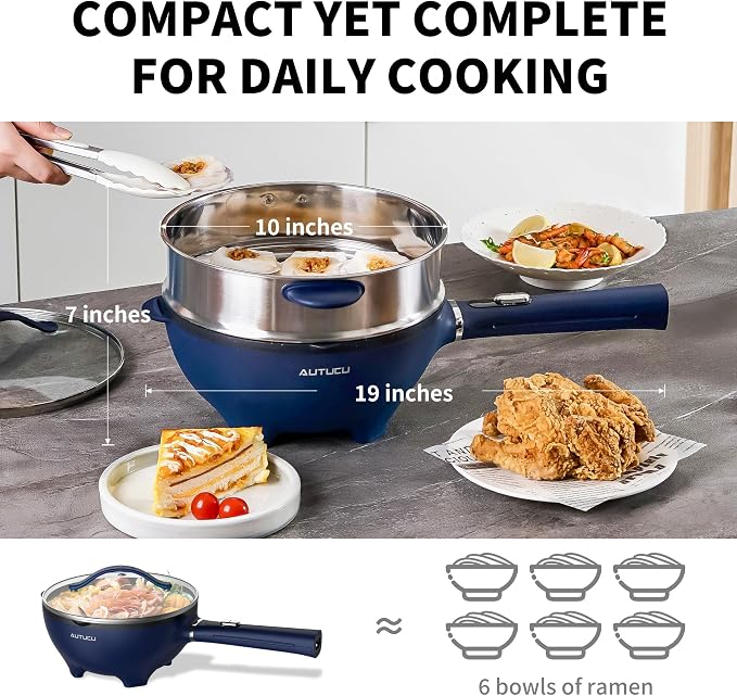 AUTUCU 3-Quart Electric Hot Pot & wok Nonstick with Steamer | Electric Skillet 1200W for Dorm, Home, Gifts (Includes Silicone Spatula) Multi-Cooker