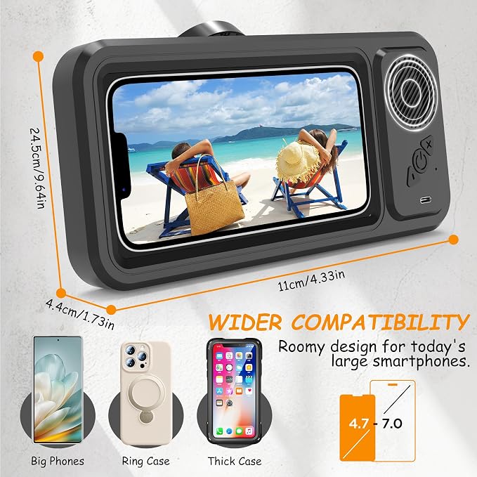 Shower Phone Holder with Wireless Bluetooth Speaker , 480° Rotation Retractable Adjustable Shower Case for iphone ,Bathroom Wall Phone Mount Stand WaterProof Anti Fog,Compatible with All 4-7"Cellphone