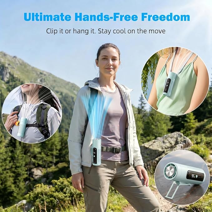 Portable Handheld Fan with Ice Cooling Plate, 3 in 1 Mini Personal Fan with Light & Clip, 5 Speed Rechargeable Fan with LED Display & Hidden Stand, Hands Free Camping Fan for Travel, Desk (Blue)