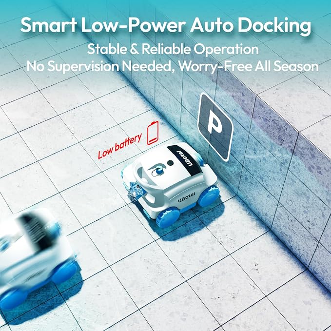 Cordless Robotic Pool Vacuum UBoter E10, Dual-Layer Filtration, Powerful Edge Corner Cleaning, 120–150 Mins Runtime, Auto Parking, No Debris Leakage, for Above Ground Flat Bottom Pools Up to 860 Sq.Ft