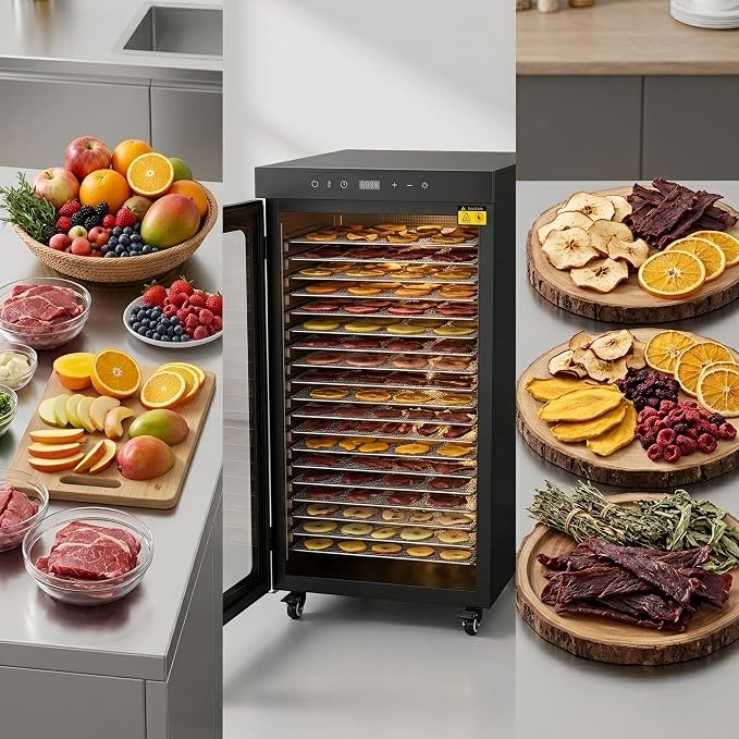 CLIVIA Commercial 24-Tray Food Dehydrator, 1600W Industrial Dehydrator 39.27 ft² Large Capacity, Stainless Steel Dryer with Wheels for Jerky, Meat, Fruit, Herbs, Dog Treats, 86-194°F & 24H Timer