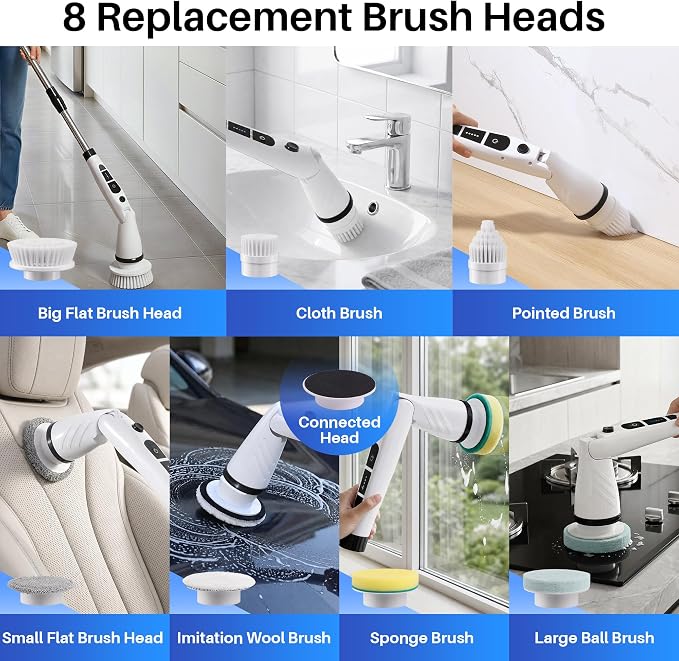 JOYMOOP Electric Spin Scrubber, Cordless Cleaning Brush 450 RPM with 100-Min Runtime, IPX7 Waterproof Power Scrubber with 8 Brush Heads, Adjustable Long Handle for Bathroom, Floor, Tile, Kitchen