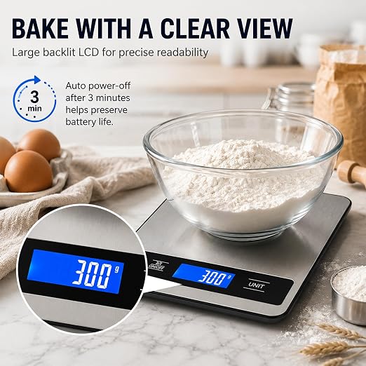 33lb/15kg Kitchen Food Scale, High Precision 1g for pet Care, Cooking, Meat | Stainless steel digital weight scale with timer & backlit LCD, tare & unit conversion (g/oz/ml/lb) for baking, coffee, bread