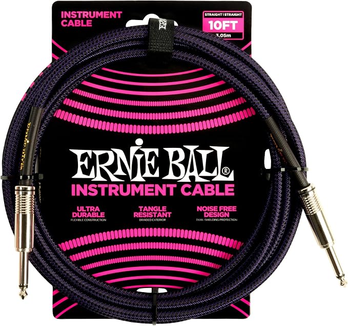 Ernie Ball Braided Instrument Cable, Straight Straight, 10ft, Purple/Black
