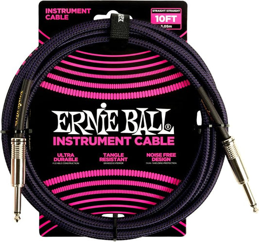 Ernie Ball Braided Instrument Cable, Straight Straight, 10ft, Purple/Black