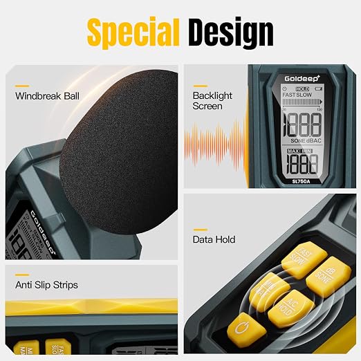 Decibel Meter, Goldeep SL750A Digital Sound Level Meter 30-130dB, A/C Weighted DB Meter with dB/SONE, Fast/Slow, MAX/MIN, LCD Sound Meter for Home, Office, Factory, Neighbor Noise - Ginger Yellow