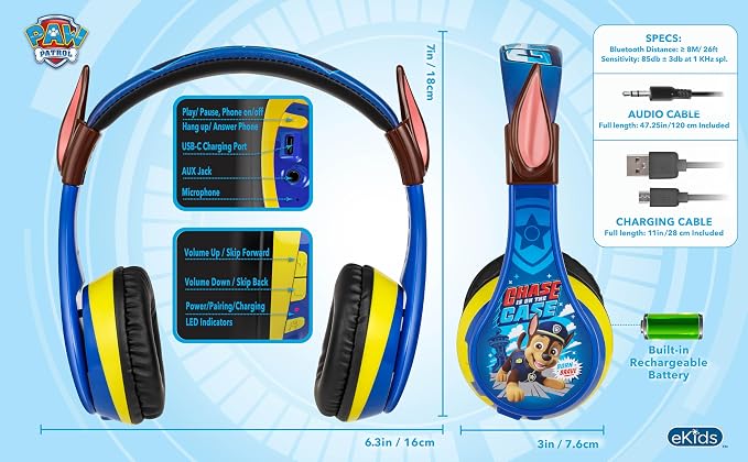 EKIDS - PAW Patrol Chase Bluetooth Headphones for Kids, Wireless Headphones for SC