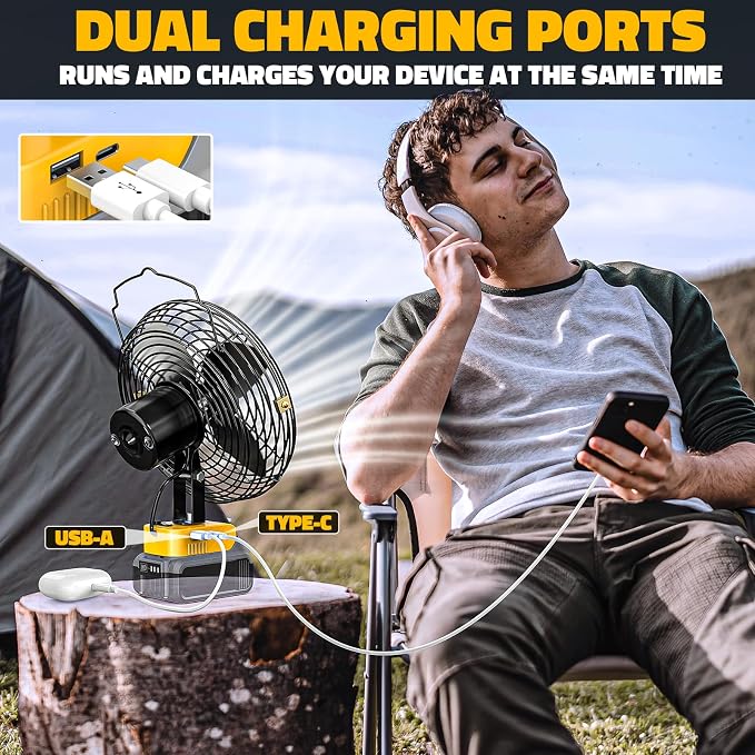 Ecarke 8 Inch Cordless Jobsite Fan Compatible with Dewalt Battery (Tool Only) 2-Speed Powerful Cooling Fans Portable Battery Fans with USB & Type-C Charging Port for Garage Basement Camping Fan