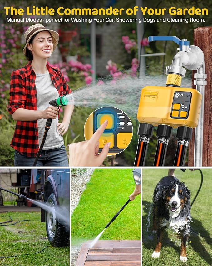 WiFi Water Timer 3 Zone for Garden Hose, Smart Sprinkler Timer with 984ft RF Range, Brass Inlet and Outlet, APP/Voice Control, Rain Delay, Automatic/Manual Irrigation