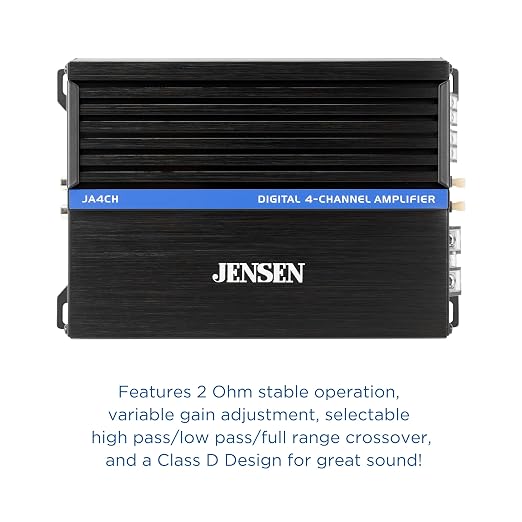 JENSEN JA-Series JA4CH High-Performance Class-D 4-Channel Car Audio Amplifier | Truck, Motorcycle, Golf Cart | 1,000 Watts Peak Power | Efficient Compact Design | CTA-2006-D Certified | Bridgeable