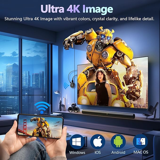 MpioLife True 4K Wireless Display Adapter, Plug & Play, HDMI Dongle 5G+2.4G Wireless Screen Mirroring Cast from Smartphone Tablet Laptop PC to HDTV/Monitor/Projector, Support AirPlay DLNA Miracast
