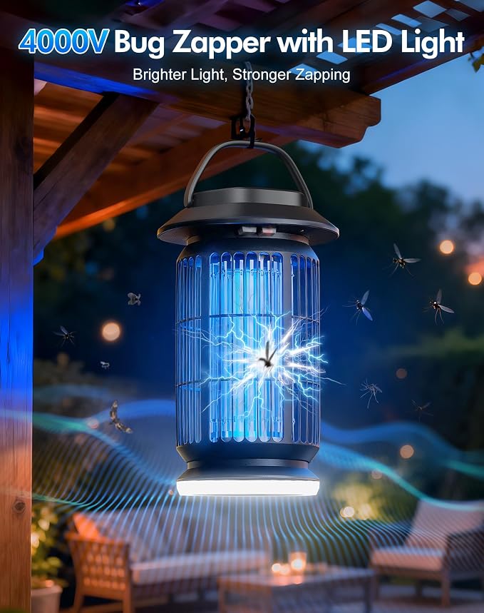 Bug Zapper Outdoor, 4000V Electric Mosquito Zapper, Fly Killer with Built-in Night Light, Insect Fly Trapper with Waterproof ABS Shell for Home, Patio & Garden, Indoor/Outdoor Use, Black