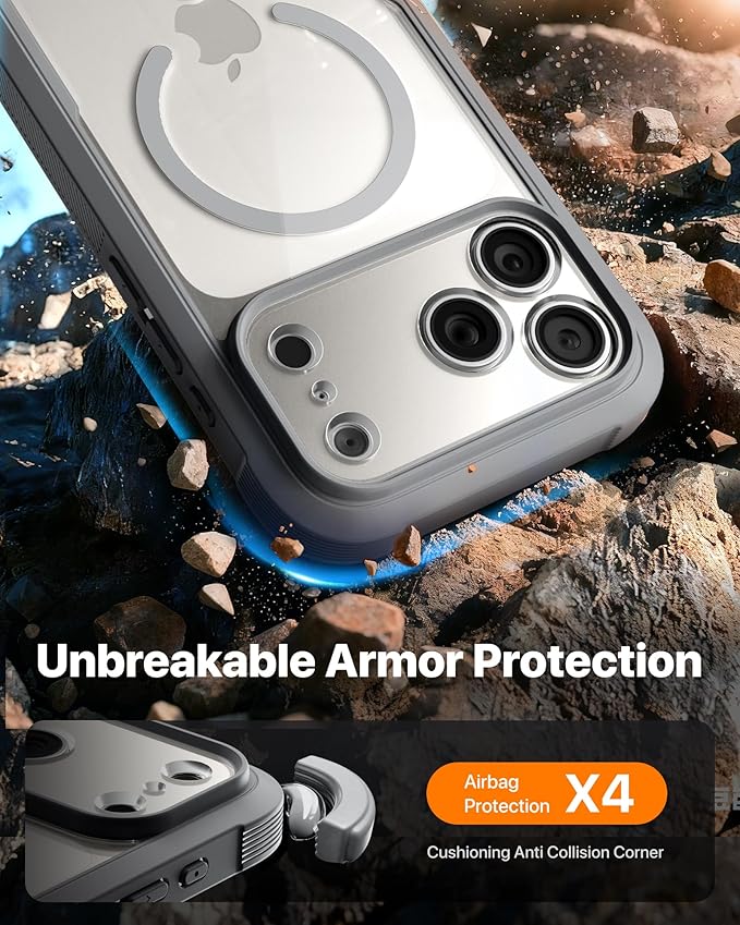 Diaclara Magnetic Designed for iPhone 17 Pro Case Full Body Bumper,[Compatible with MagSafe] Military Drop Proof Cover with Built-in Touch Sensitive Anti-Scratch Screen Protector, Grey Titanium