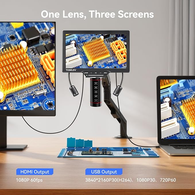 TOMLOV Autofocus Digital Microscope TM3K-AF Flex: 3K Flex Arm HDMI Soldering Microscope for Adults, Full Coin View Magnifier, 7" IPS Screen, Upgraded Gooseneck Light, Repair Mat, PC/TV Compatible, 16G