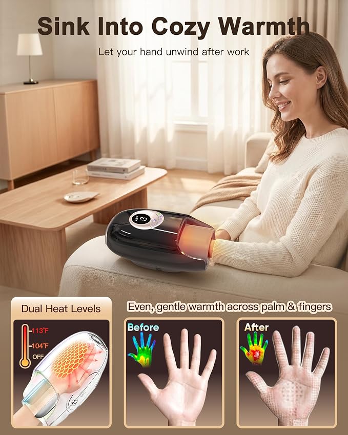 JZBRAIN Hand Massager with Heat and Compression : Full Hand & Wrist Massage, Cordless Electric Hand Massager with 6 Modes & 6 Intensities for Seniors, Office Daily Comfort & Relaxation (Black)