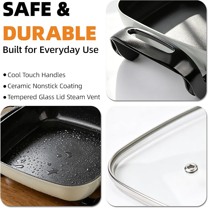 12" Ceramic Nonstick Electric Skillet with Tempered Vented Glass Lid, Scratch-Resistant Surface, Cool-Touch Handles, Removable Easy-to-Clean Design, 1200W, Vibrant Green