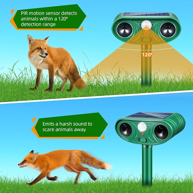2026 Solar Animal Repellent Outdoor with Motion Deer Repellent Devices Ultrasonic Cat Deterrent Fox Raccoon Rabbit Squirrel Coyote Deterrent Waterproof for Yard & Garden 2Pack