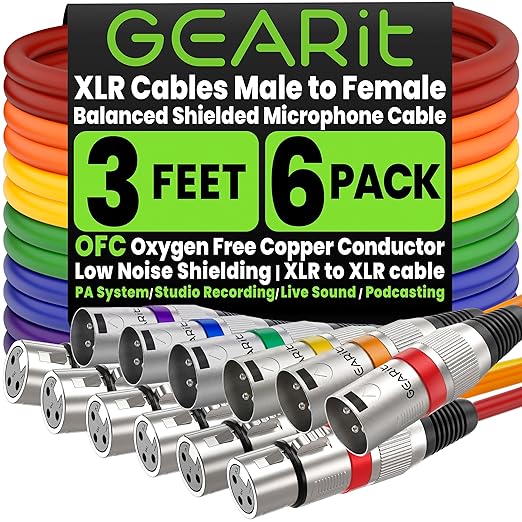 GEARit XLR Cables 3ft 6 Pack Multi Colors, XLR Male to Female Microphone Cable, Balanced Shielded Mic Cable with Copper Conductors for Recording Studio, Podcast, Stage Audio & Live Sound