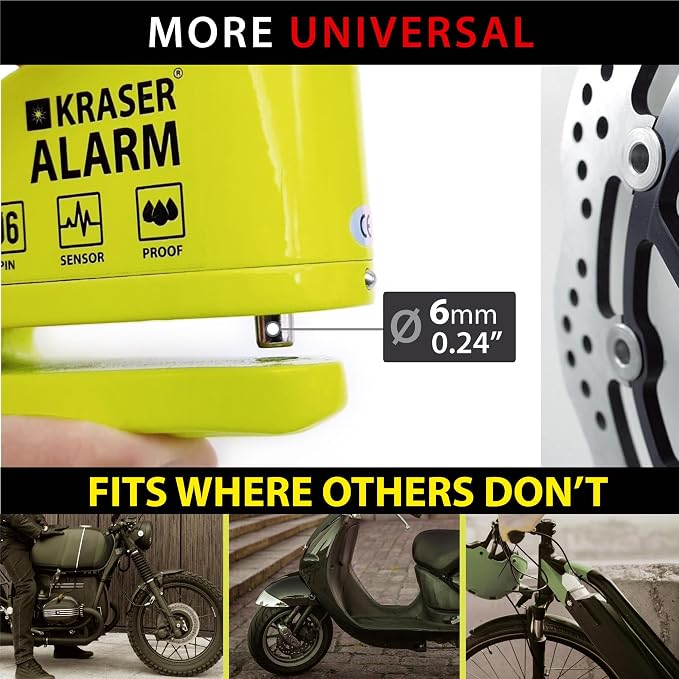 KRASER KR6Y Alarm Disc Lock, Reinforced Disc Brake Lock with 3 Keys (Others 2), Heavy Duty Anti-Theft Motorcycle with Alarm,110dB, Weather-Resistant, Reminder Cable, Pouch, Motorbike Moped E-Bike
