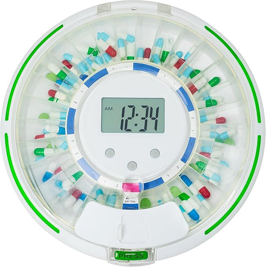 Automatic Pill Dispenser for Elderly with Alarm, Lock 28-Day Medication Dispenser, 6 Dosage Templates, Sound & Light Alerts & Key for Vitamins, Supplements (Clear Lid)