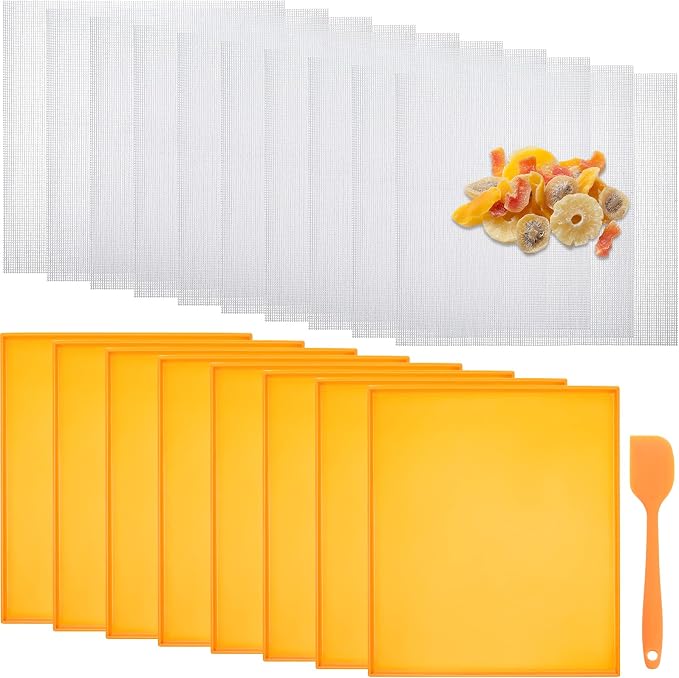 Thenshop 8 Silicone Dehydrator Mats & 10 Mesh Dryer Mats and 1 Baking Scraper, Reusable Non Stick Silicone Dehydrator Tray with Edge for Baking Fruits Meat Vegetables(Orange)