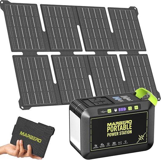 MARBERO 80W Solar Powered Generator with Panels 25W Included, 88.8Wh Portable Power Station with AC Outlet 120W Peak Fast Charging 110V for Camping Outdoor Home Backup Backup RVs