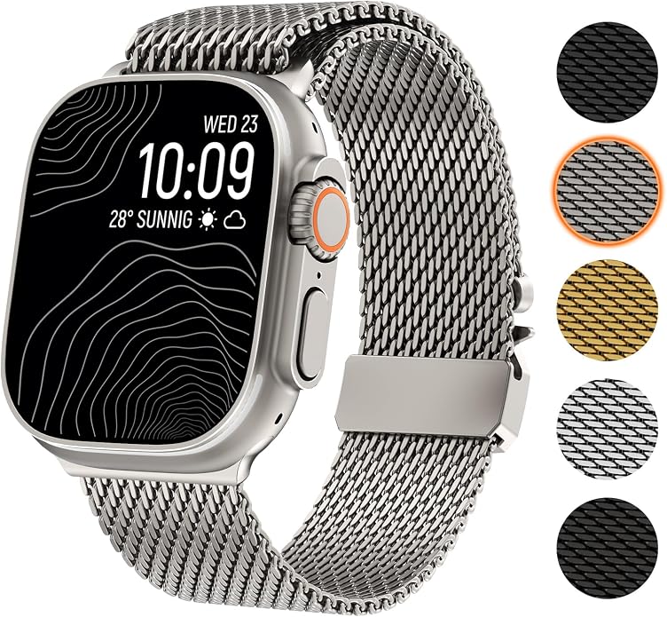 WINGLE Milanese Loop for Apple Watch Band Ultra 3/2/1 Band Ultra 49mm Series 11 10 46mm 45mm 44mm SE 3/2/1 Series 9 8 7 6 5 4 3 Men Women,Parachute-Style Buckle Stainless Steel Mesh Metal iWatch Bands
