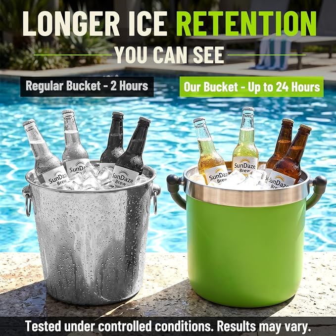 256 oz / 7L Insulated Ice Bucket with Lid and Handle, Stainless Steel Beverage Bucket for Beer, Wine & Champagne, Double Wall Vacuum Cooler for Parties, Patio & Outdoor Entertaining
