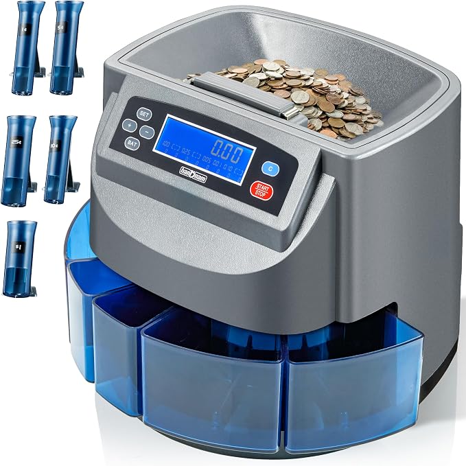 Coin Counter Machine, Electric Coin Sorter Sort 270 Coins/Minute, USD Change Counter Machine,500 Coins Capacity Automatic Coin Sorter and Wrapper Machine, Coin Counting Roller Machine with LCD Display