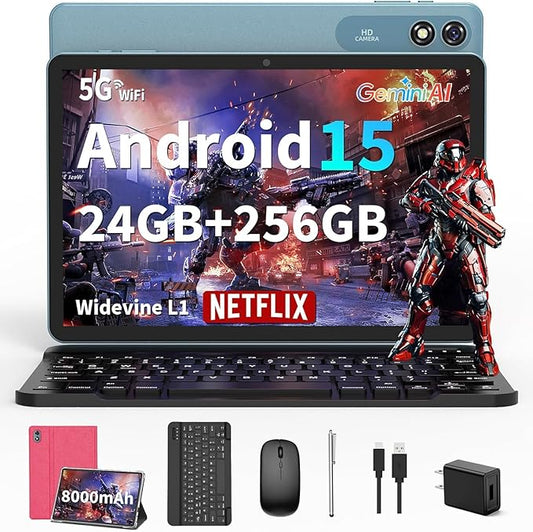 2026 Android tablet 10 inch, Android 15 Tablet with Keyboard, 24GB+256GB+2TB Expand, 2 in 1 Tablets with Gemini AI, 8-Core, 8000mAh, Widevine L1, GMS, Tablets PC with Case, Mouse, Stylus (Pink Case)