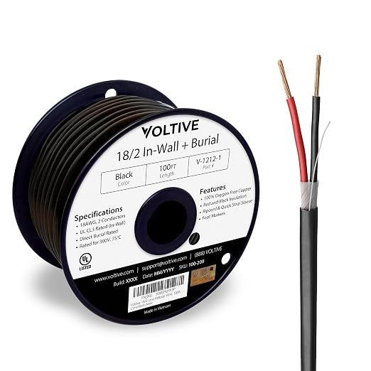 Voltive 18/2 Low Voltage Wire, in-Wall CL3 & Direct Burial, Black, 100ft - 18AWG, 2 Conductors, Stranded Bare Copper, UL Listed - V-1212-1