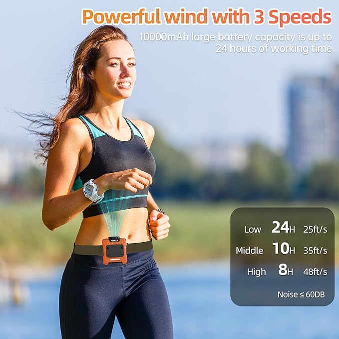 AMKEN Waist Fan, 10000mAh Rechargeable Belt Clip Fan, 24H Runtime, 49ft/s Strong Airflow, 3-Speed 7-in-1 Hands-Free Wearable with LED SOS Warning Light for Jobsite, Warehouse, Camping, Outdoor Work