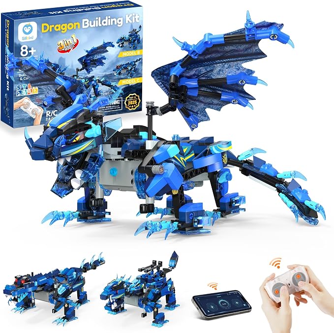 Sillbird Bundle - 2 Items Dragon Building Kit & Robot Car Buildable Toy with Remote Control for Boys Ages 8-14, Christmas STEM Coding Robotics Technic Toy Birthday Gifts for Kids