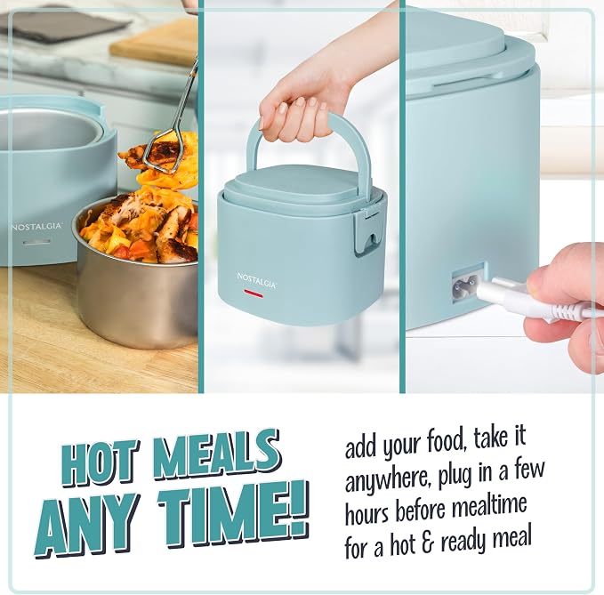 Nostalgia Portable Heated Lunch Box – 2.5-Cup Stainless Steel Food Warmer – Detachable Cord, Leak-Proof Lid, Carry Handle – Portable for Work & Travel – Chambray