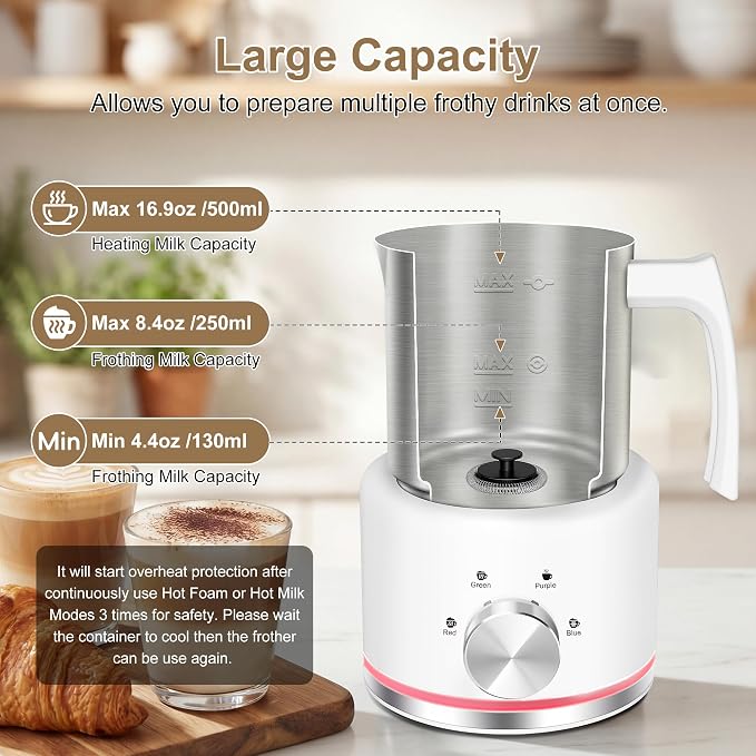 Milk Frother, 16.9 OZ Milk Frother and Steamer, 4 in 1 Electric Milk Frother Dishwasher Safe Durable Silent Frother for Coffee Hot and Cold Foam Maker (White Stainless)